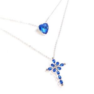 2 layers Blue Crystal Heart Cross Pendant